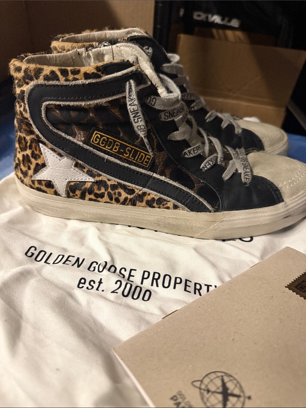 Golden Goose Slide Mid-Top Leopard Print Sneakers - Black/Tan/White